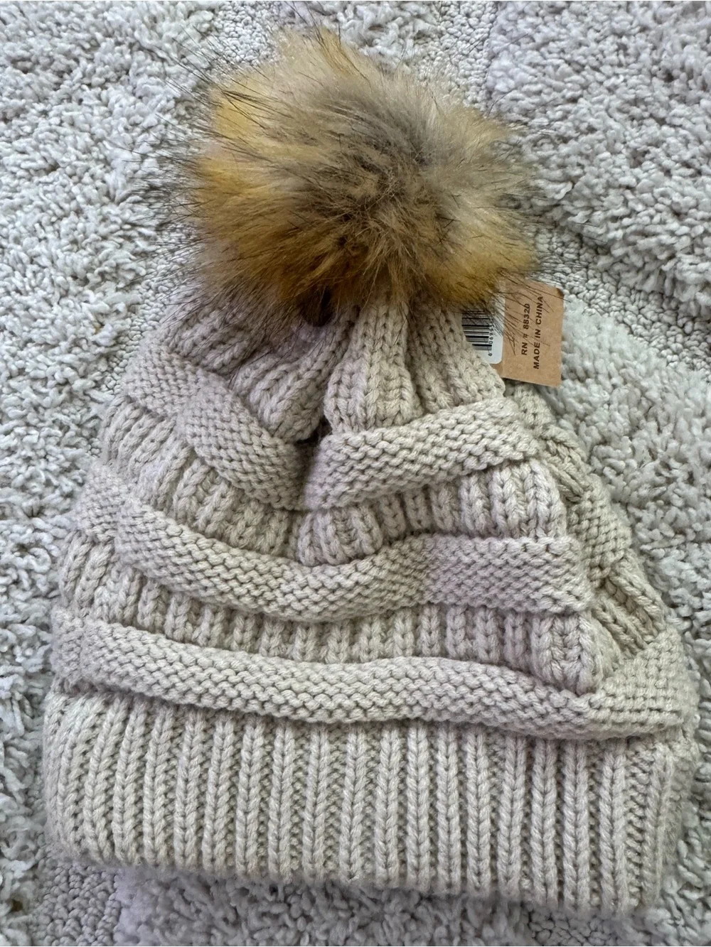 C.C Women’s Knit Pom Beanie in Cream with Faux Fur